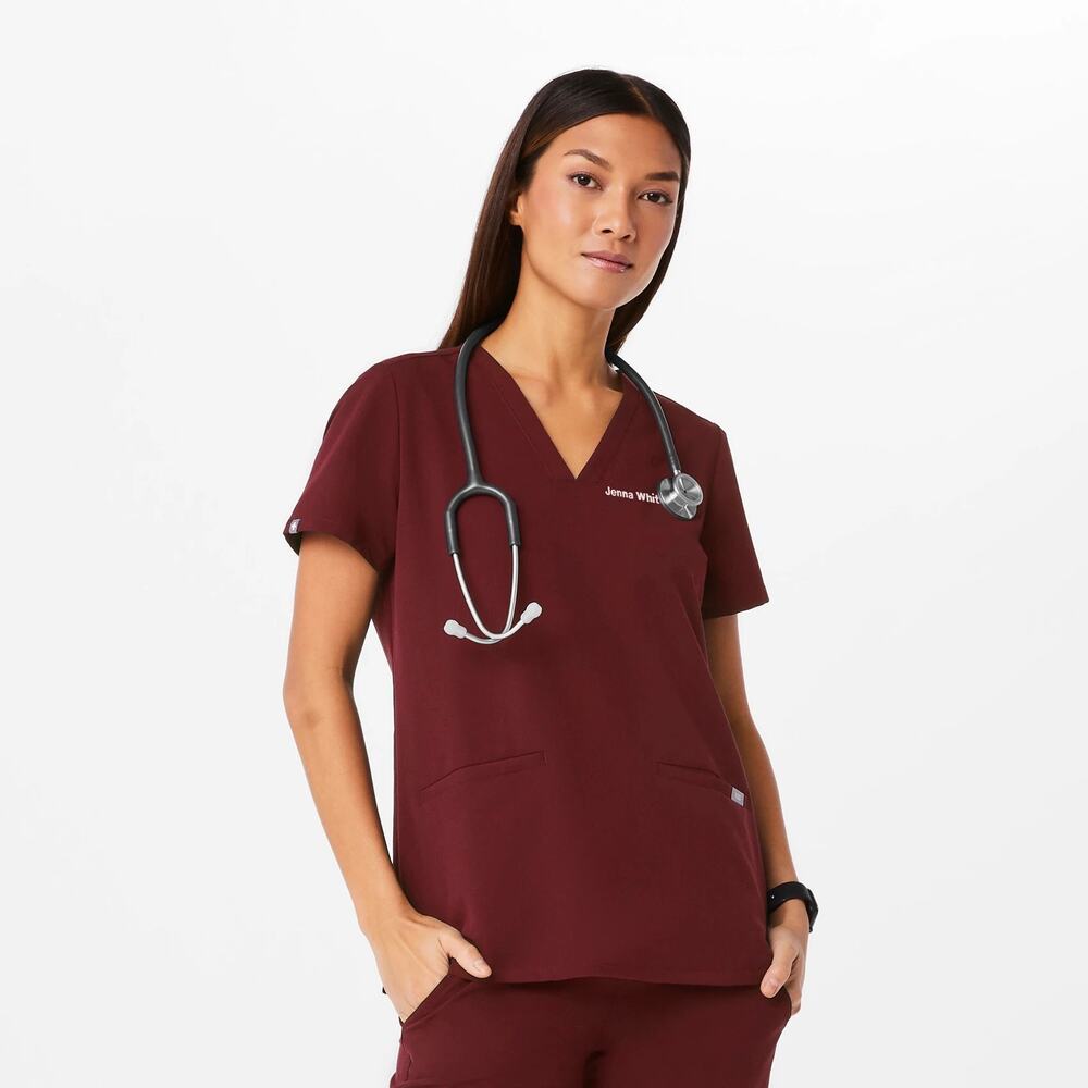 FIGS Women’s Casma Three-Pocket Scrub Top V-Neck Burgundy Maroon Wine Size XXL